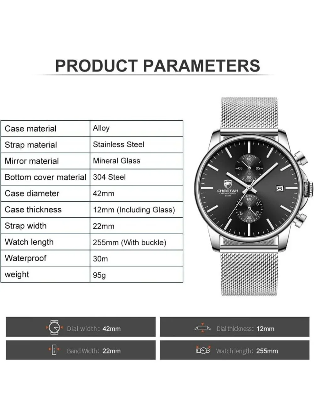 Men's Silver Black Quartz Analog Mesh Strap Stainless Steel Chronograph Watch